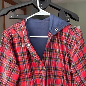Red Plaid Hooded Trench Coat for Women